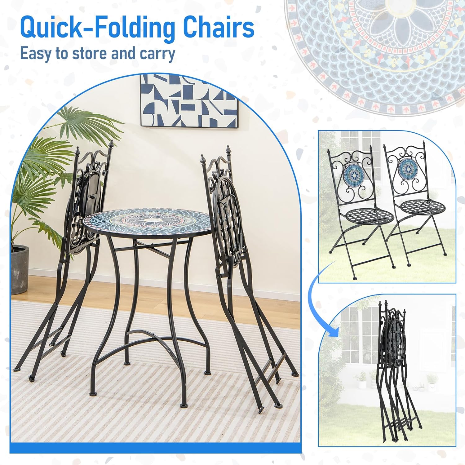 3 Pieces Mosaic Patio Table with Folding Chairs Steel Frame 3 Pieces Mosaic Patio Table with Folding Chairs Steel Frame